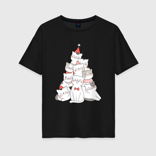 Женская футболка хлопок Oversize Новогодняя елка из котов, цвет черный