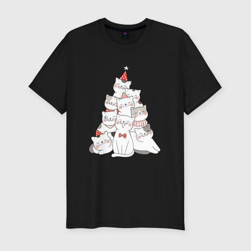 Мужская футболка хлопок Slim Новогодняя елка из котов, цвет черный