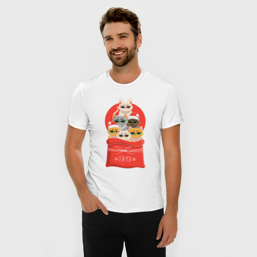 Мужская футболка хлопок Slim с принтом Christmas Cats, фото на моделе #1