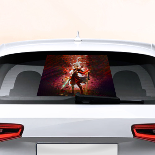 Наклейка на авто для заднего стекла с принтом Каэдэхара Кадзуха стоит в лесу Genshin Impact, вид спереди №1