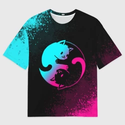 Женская футболка oversize 3D Инь Янь неоновые котики
