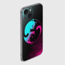 Чехол для iPhone 15 силиконовый с защитой камеры Инь Янь неоновые котики - фото 2