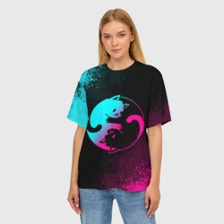 Женская футболка oversize 3D Инь Янь неоновые котики - фото 2