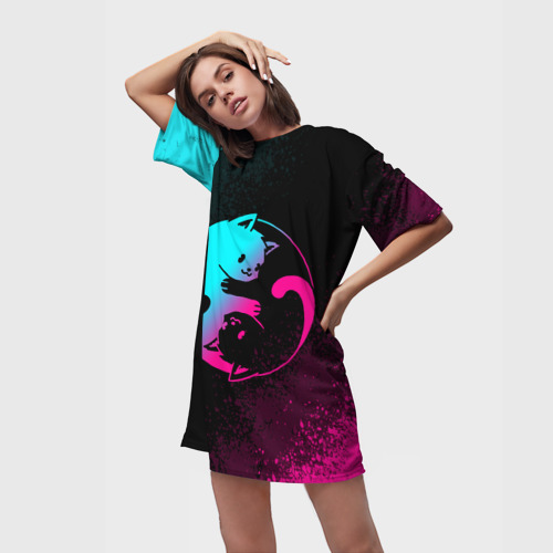 Платье-футболка 3D Инь Янь неоновые котики, цвет 3D печать - фото 3