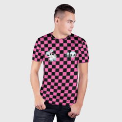 Мужская футболка 3D Slim Инопланетянин в черно розовую клетку - фото 2