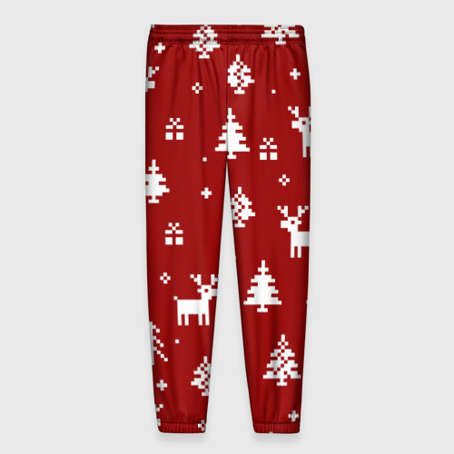 Мужские брюки 3D с принтом Новогодние олени и елки на красном фоне, вид сзади #1