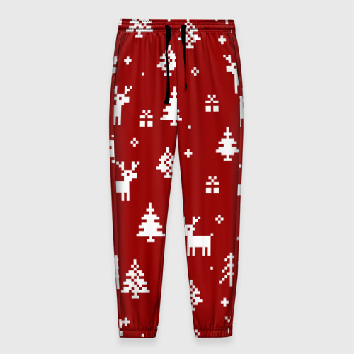 Мужские брюки 3D с принтом Новогодние олени и елки на красном фоне, вид спереди #2