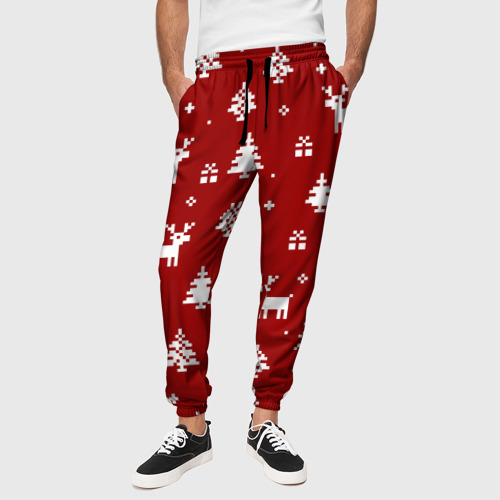 Мужские брюки 3D с принтом Новогодние олени и елки на красном фоне, вид сбоку #3