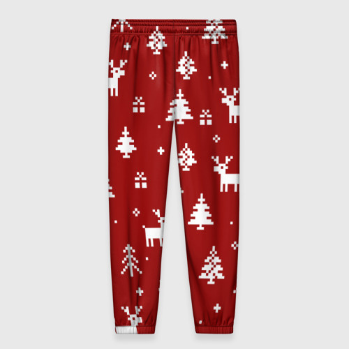 Женские брюки 3D Новогодние олени и елки на красном фоне, цвет 3D печать - фото 2