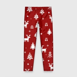 Детские леггинсы 3D Новогодние олени и елки на красном фоне