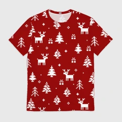 Мужская футболка 3D Новогодние олени и елки на красном фоне