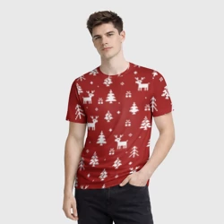 Мужская футболка 3D Новогодние олени и елки на красном фоне - фото 2