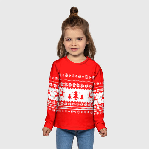 Детский лонгслив 3D Красно-белый свитер с оленями, цвет 3D печать - фото 5