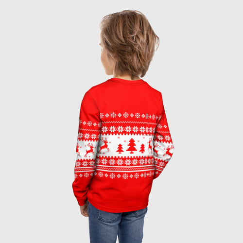 Детский лонгслив 3D Красно-белый свитер с оленями, цвет 3D печать - фото 4