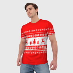 Мужская футболка 3D Красно-белый свитер с оленями - фото 2