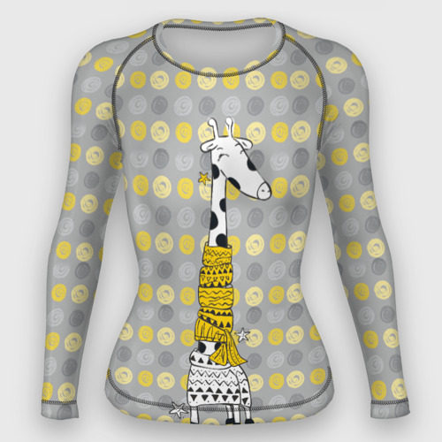 Женский рашгард 3D с принтом Милая жирафа в шарфе, вид спереди #2