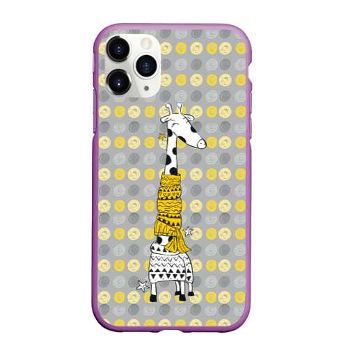 Чехол для iPhone 11 Pro Max матовый Милая жирафа в шарфе, цвет фиолетовый