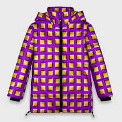 Женская зимняя куртка Oversize Фиолетовый Фон с Желтыми Квадратами Иллюзия Движения