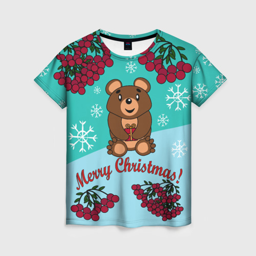Женская футболка 3D с принтом Мишка и рождество, вид спереди #2