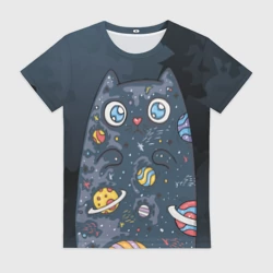 Женская футболка 3D Космический кот в планетах