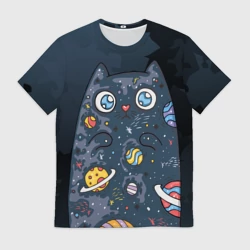 Мужская футболка 3D Космический кот в планетах
