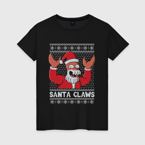 Женская футболка хлопок Зойдберг Клаус, Santa Claws Футурама, цвет черный