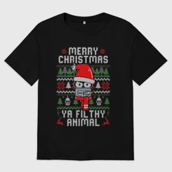 Женская футболка хлопок Oversize Футурама, Бендер новогодний - ya filthy animal