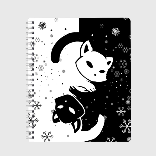 Тетрадь Новогодние два кота Инь и ян black and white со снежинками