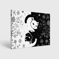 Холст прямоугольный Новогодние два кота Инь и ян black and white со снежинками