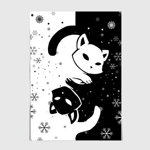 Постер Новогодние два кота Инь и ян black and white со снежинками