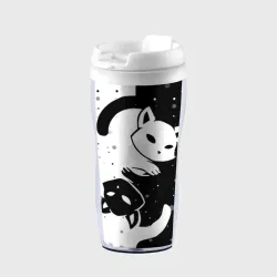 Термокружка-непроливайка Новогодние два кота Инь и ян black and white со снежинками