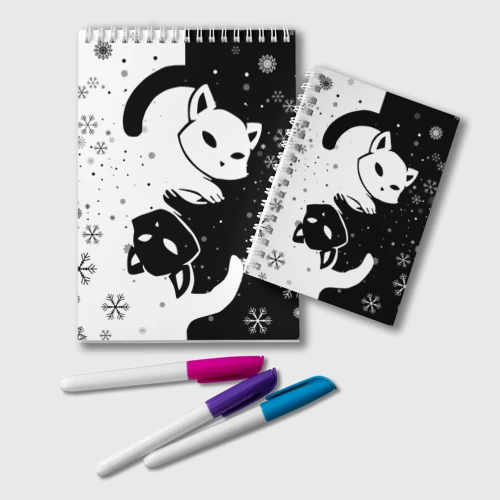 Блокнот Новогодние два кота Инь и ян black and white со снежинками