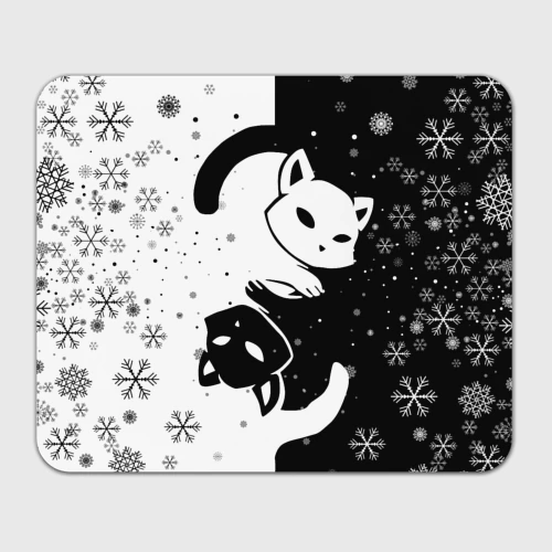 Прямоугольный коврик для мышки Новогодние два кота Инь и ян black and white со снежинками