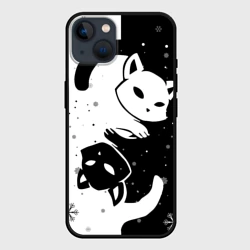 Чехол для iPhone 14 Новогодние два кота Инь и ян black and white со снежинками