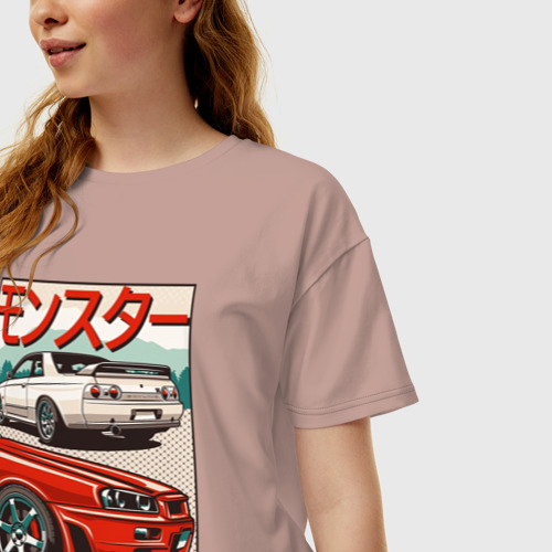 Женская футболка хлопок Oversize Nissan Skyline Ниссан Скайлайн, цвет пыльно-розовый - фото 3