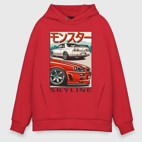 Мужское худи Oversize хлопок Nissan Skyline Ниссан Скайлайн, цвет красный