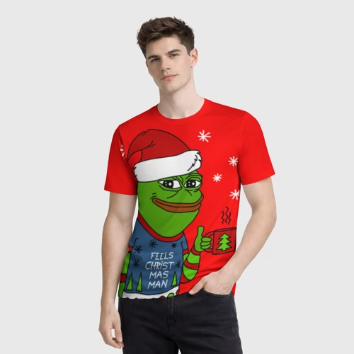 Мужская футболка 3D с принтом Pepe New Year - Pepe the Frog, фото на моделе #1