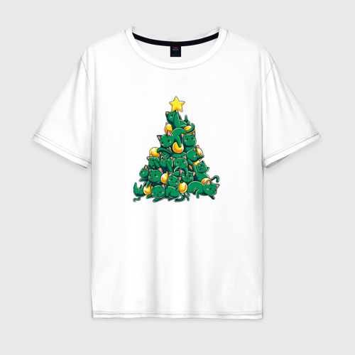 Мужская футболка из хлопка оверсайз с принтом Christmas Tree Made Of Green Cats, вид спереди №1