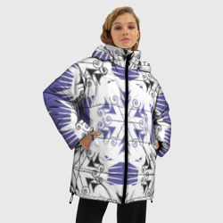 Женская зимняя куртка Oversize Острый белые снежинки на сиреневом фоне - фото 2