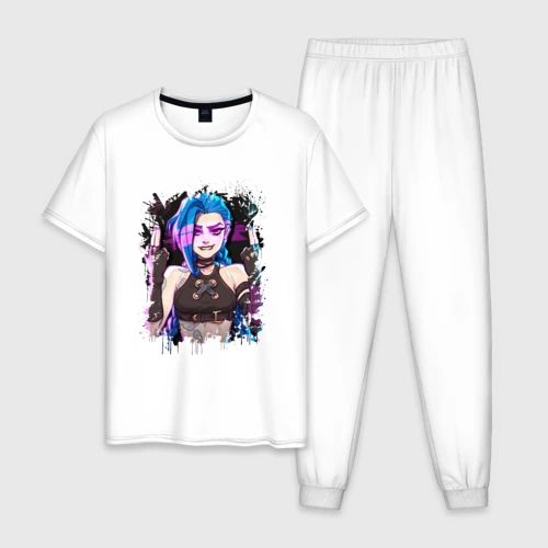 Мужская пижама с белой футболкой хлопок Jinx shoot Arcane LOL