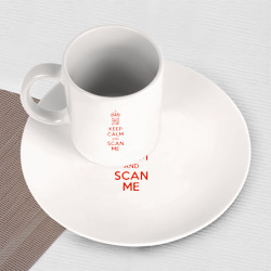 Набор: тарелка кружка с принтом Keep calm and scan me - fuck off для любого человека, вид спереди №3. Цвет основы: белый