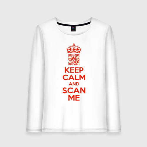 Женский лонгслив хлопок Keep calm and scan me - fuck off, цвет белый