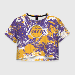 Женская футболка Crop-top 3D Lakers фирменные цвета брызги красок LA