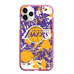 Чехол для iPhone 11 Pro Max матовый Lakers фирменные цвета брызги красок LA