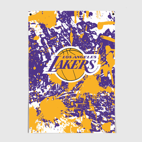 Постеры с принтом Lakers фирменные цвета брызги красок LA, вид спереди №1