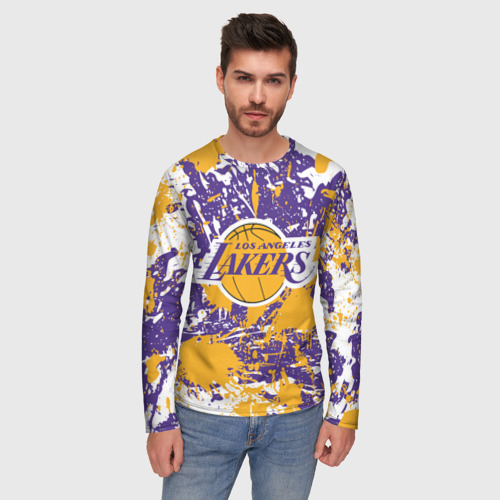 Мужской лонгслив 3D Lakers фирменные цвета брызги красок LA, цвет 3D печать - фото 3