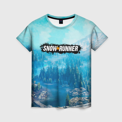 Женская футболка 3D с принтом Snowrunner СноуРаннер логотип, вид спереди #2