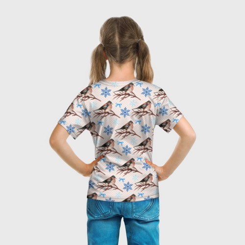 Детская футболка 3D с принтом Снегири зима, вид сзади #2