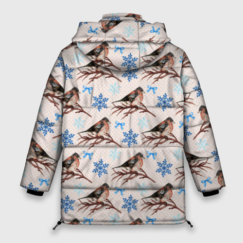 Женская зимняя куртка 3D с принтом Снегири зима, вид сзади #1