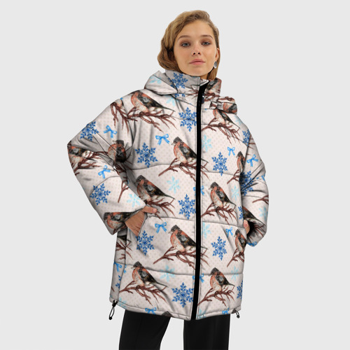 Женская зимняя куртка 3D с принтом Снегири зима, фото на моделе #1